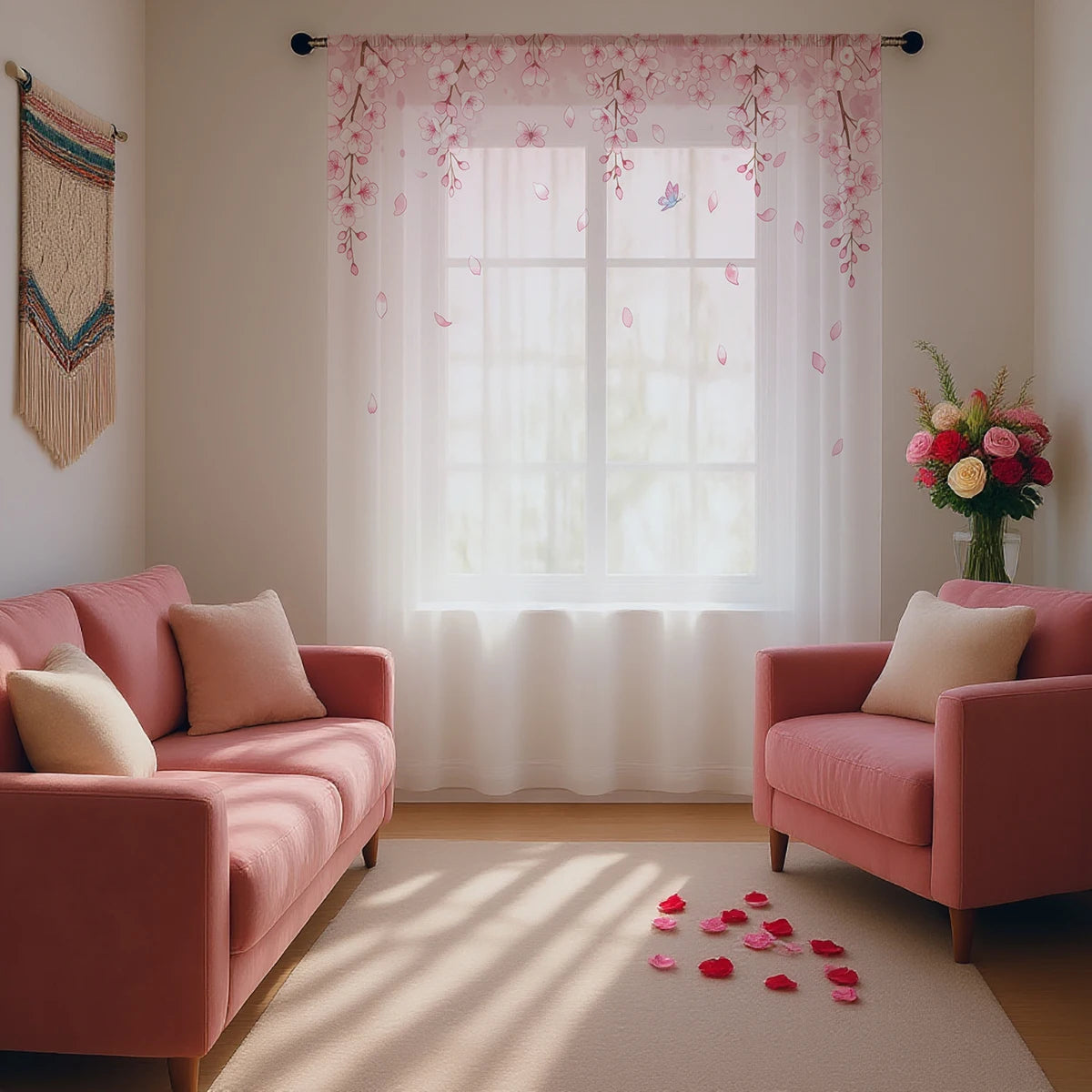 1 Pc Pink Gradient Peach Blossom Sheer Curtain